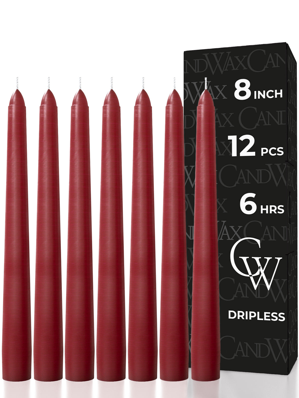 CANDWAX 8 Inch Taper Candles Burgundy Decor Unscented Candle Sticks 12 Pack