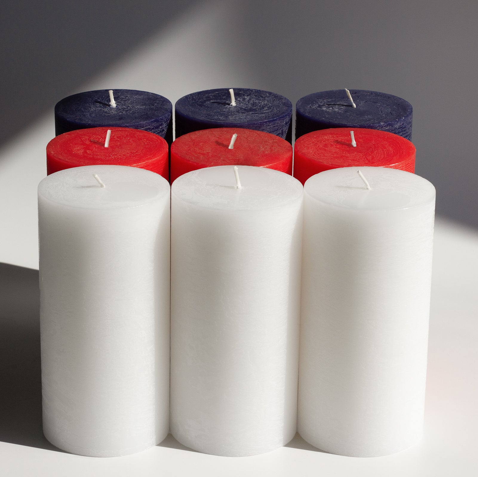 Bundle - White, Dark Blue & Res 6" Pillar Candles