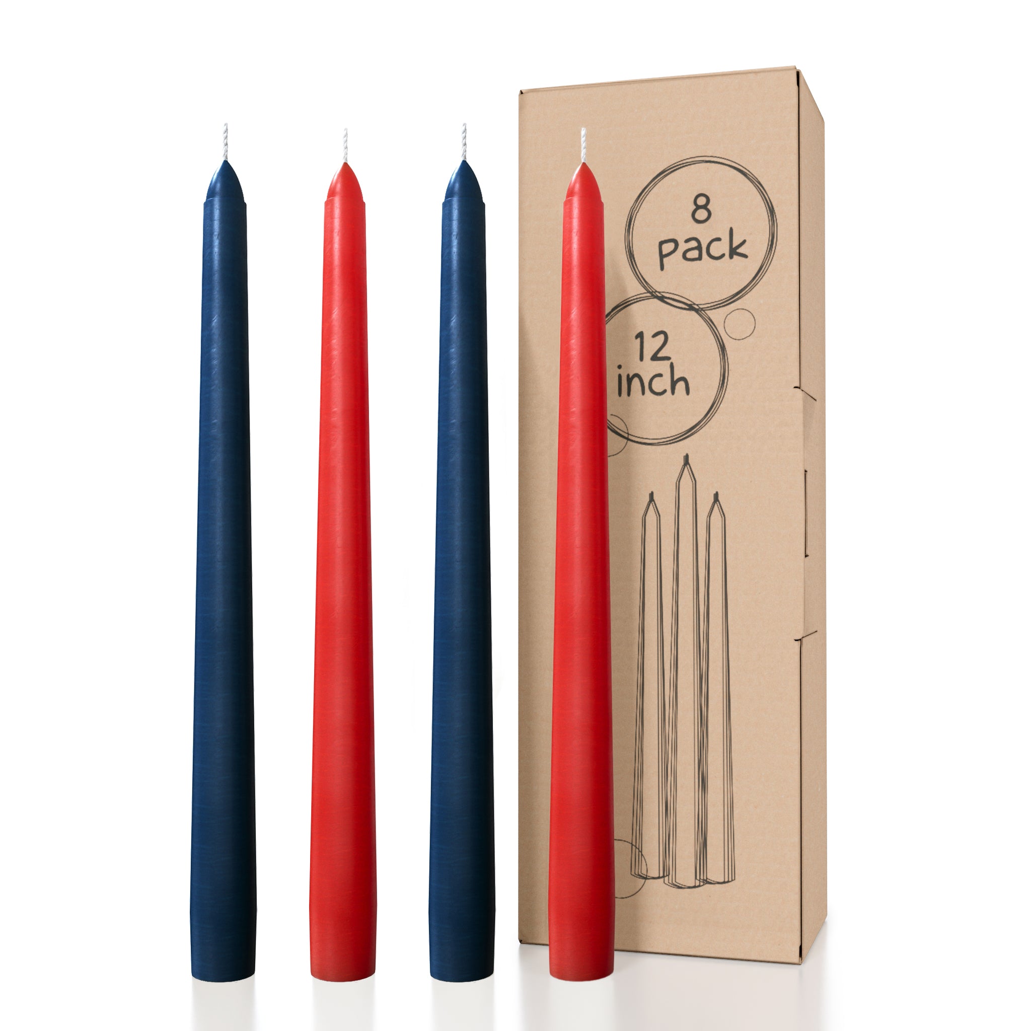 Bundle - Dark Blue & Red 12" Taper Candles - 8 Pack