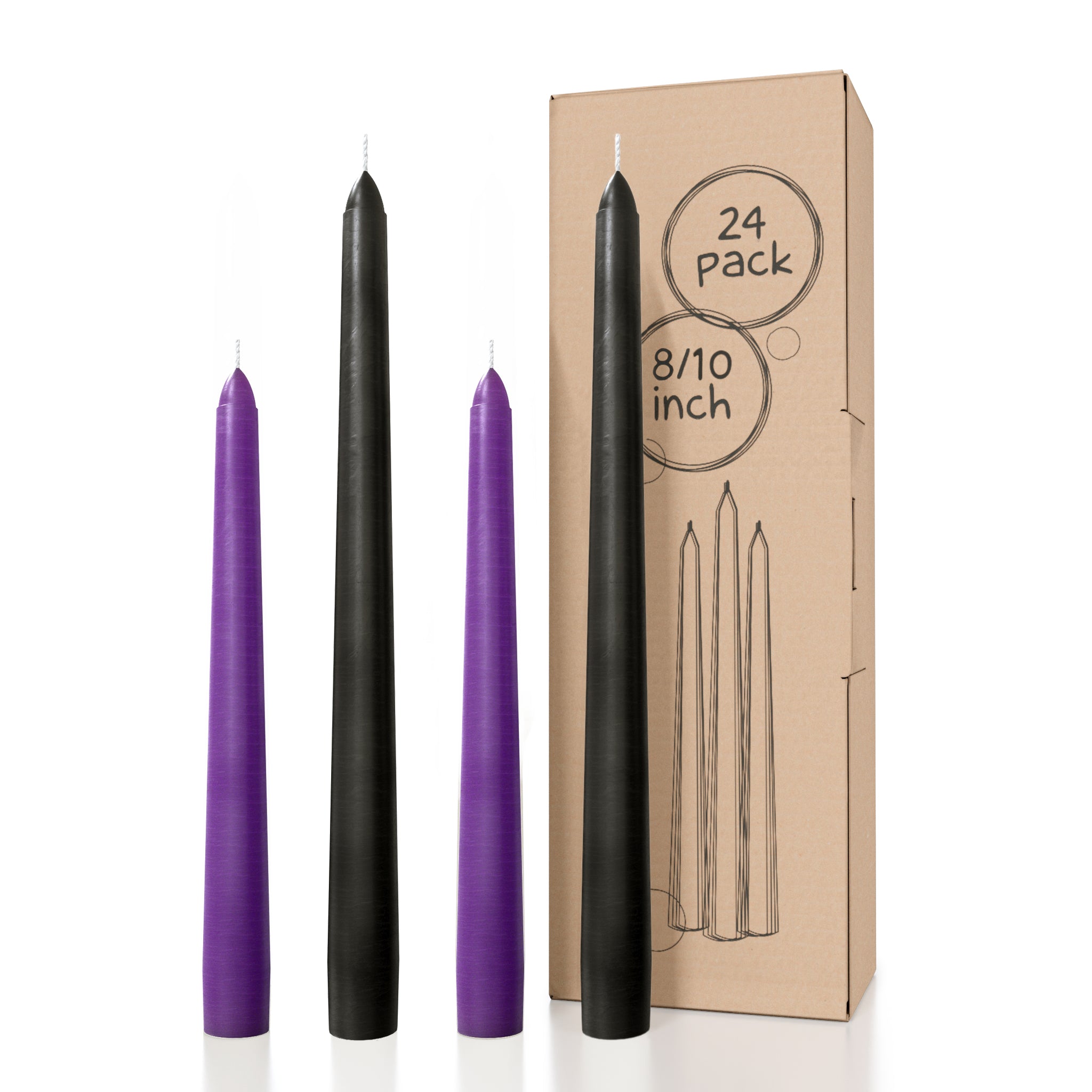 Bundle - Black 10" & Purple 8" Taper Candles - 24 Pack