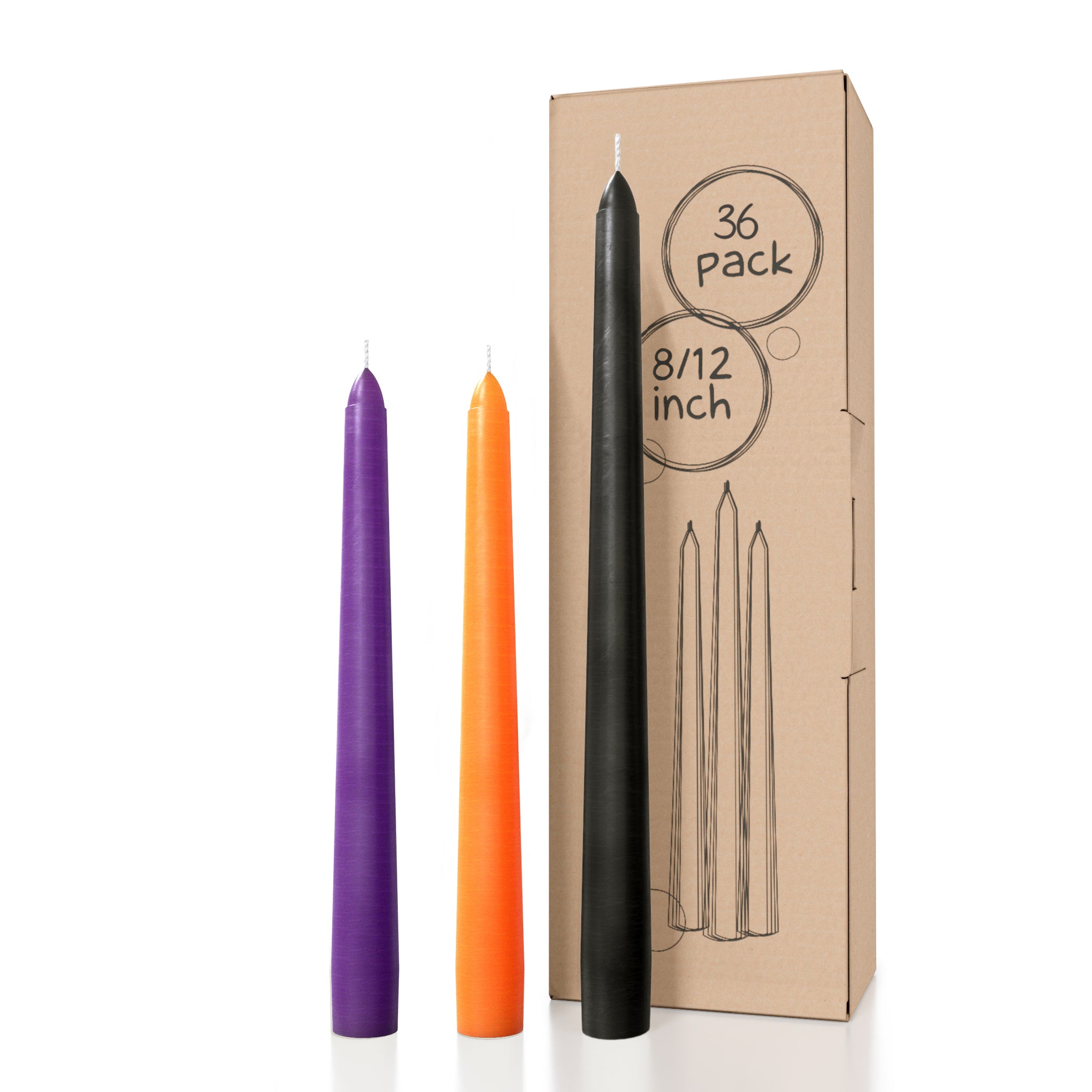 Bundle - Black 12", Orange 8" & Purple 8" Taper Candles - 36 Pack