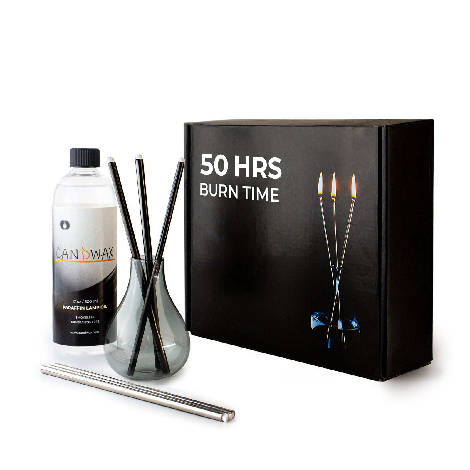 CANDWAX Refillable Candle - Everlasting Glass Oil Candle Gift Set with Lamp Oil Bottle 17oz, Funnel and 2 Sets of Metal Wicks Black and Silver - Ideal as Decorative Candles