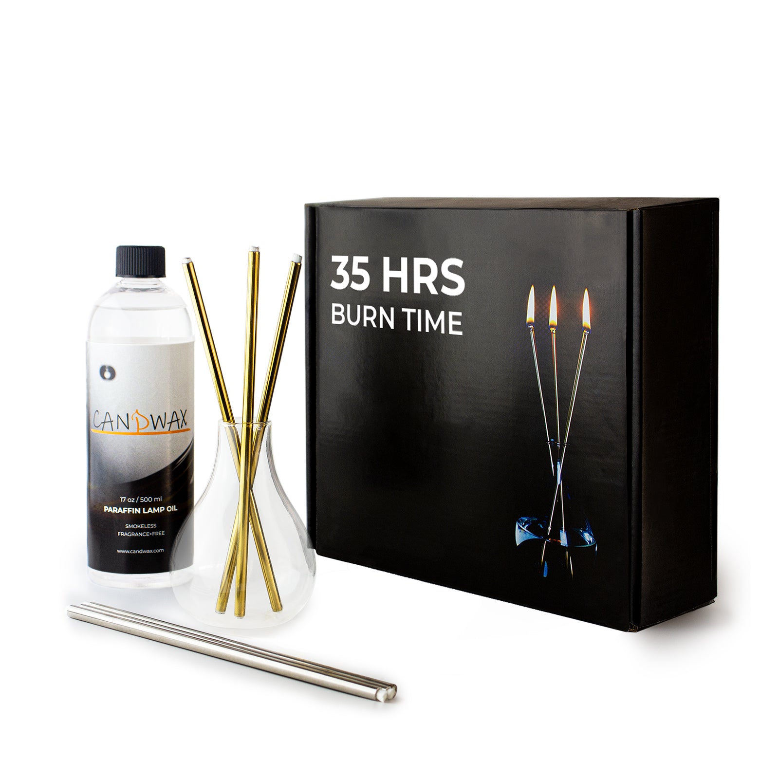 CANDWAX Refillable Candle - Everlasting Glass Oil Candle Gift Set with Lamp Oil Bottle 17oz, Funnel and 2 Sets of Metal Wicks Gold and Silver - Ideal as Decorative Candles