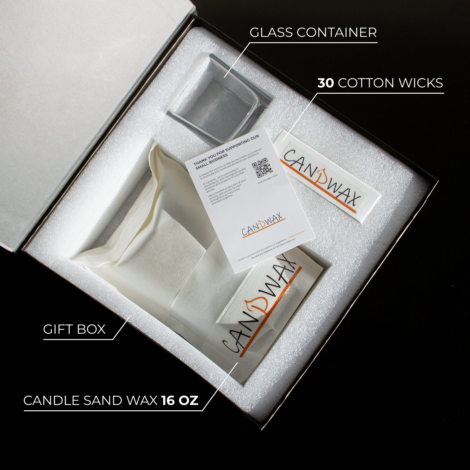CANDWAX Pearled Candle Wax Sand 16 Oz (450g) - Unscented Plant-Based Smokeless Dripless Gift Powder for Candles - Refillable Candle Pearls with 30 Wicks and a Reusable Glass Container