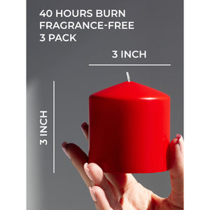 Candwax 3x3 Pillar Candles Set of 3 - Red Christmas Candles Pillar - 40-Hour Burn Time Self-Extinguishing Long Lasting Candles for Home Decor - Cone-Top Unscented Candles Pillar Red