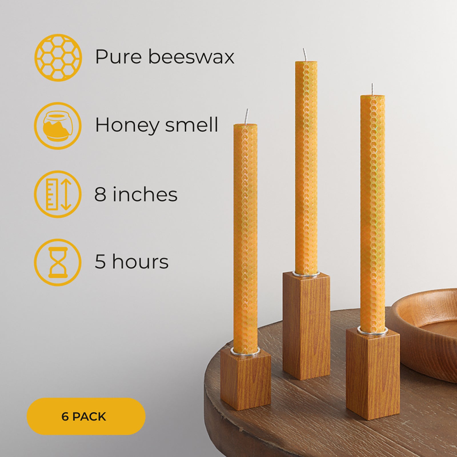 CANDWAX Hand Rolled Beeswax Candles 8 inch Set of 6 - Natural Beeswax Candles Honeycomb Perfect as Dinner Table Candles - 5 Hours Burning Handmade Beeswax Candles Taper - Bees Wax Candles for Home