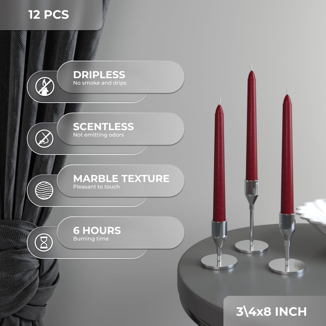 CANDWAX 8 Inch Taper Candles Burgundy Decor Unscented Candle Sticks 12 Pack