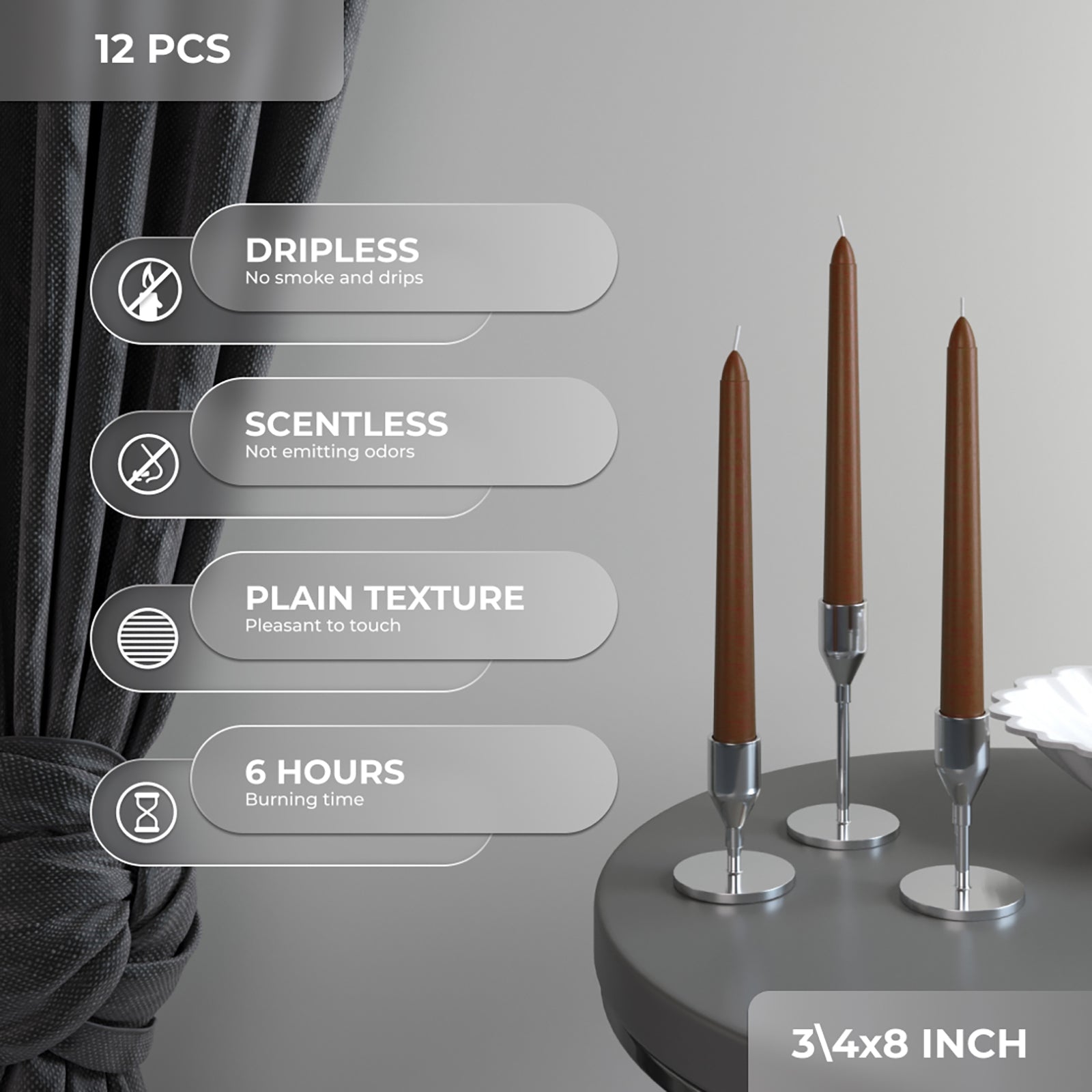 CANDWAX 8 Inch Taper Candles Brown Decor Unscented Candle Sticks 12 Pack