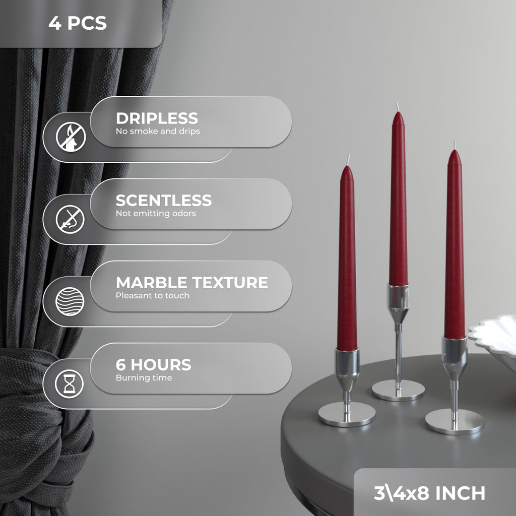CANDWAX 8 inch Burgundy Taper Candles - 4 Pack Candle Sticks for Home Decor