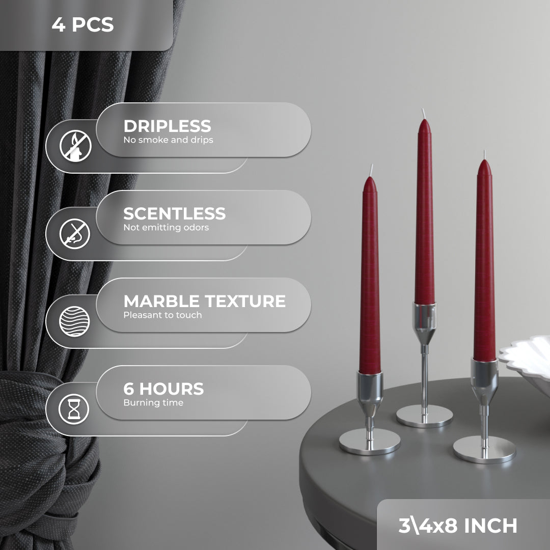 CANDWAX 8 inch Burgundy Taper Candles - 4 Pack Candle Sticks for Home Decor