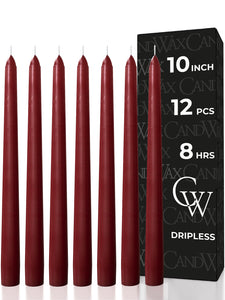 CANDWAX 10 inch Burgundy Taper Candles Set of 12